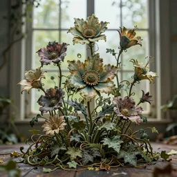 still life of fantasy flowers, magical, centered, complex 3 d render, ultra detailed, intricate, vines, ivy, abandoned, textured, 1 0 0 mm lens, refined, high definition, natural window lighting, more detailed, ethereal,