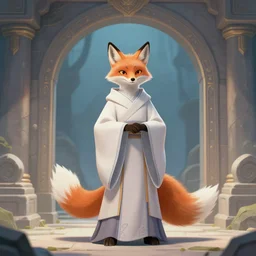 an anthropomorphic fox wizard wearing long flowing robes in front of a magical gateway to another universe, illustration by greg rutkowski, thomas kindkade, alphonse mucha, loish, norman rockwell, artstation, furaffinity