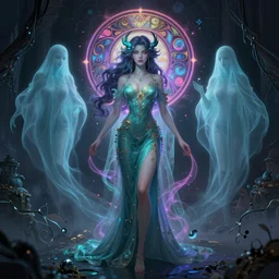 woman, magical, spirits, ghosts, detailed illustration, dark atmosphere, unreal engine, trending on artstation, neon color, high quality, full body shot, fantasy character, detailed illustration, hd, 4k, digital art, overdetailed art, concept art, by greg rutkowski, by Alfons Mucha, complementing colors, Trending on artstation, deviantart