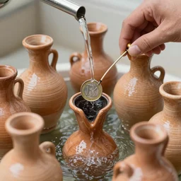 a stream of water entering a machine made from organ shaped amphoras and producing a coin in the style of an instructions manual, 8 k, octane,