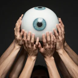 thousands of hands trying to grab a ball of eyes