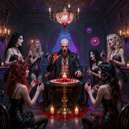 photorealistic detailed matte painting interior of goth club centered wan!! bald british man surrounded by tweakers!! addicts!! groupies! performing ritual blood!! magic! greg rutkowski artstation hdr vivid color vaporwave ( alphonse mucha )