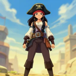 wide angle perspective of a female pirate, centered, single subject, a thrifty uniform, somewhat of an anime in pixar style, trending artwork, made with anime painter studio, by pixar and an anime artist, collaboration