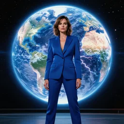 angela basset wearing a smart blue suit looks intently into the camera, behind her we see a large planet earth sparking with electrical energy, photography by fred palacio medium full shot still from bladerunner 2 0 4 9, sci fi, bladerunner, canon eos r 3, f / 3, iso 2 0 0, 1 / 1 6 0 s, 8 k, raw, unedited
