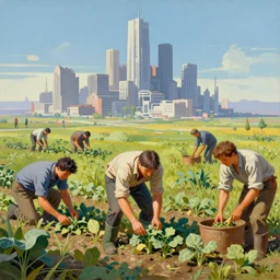 a mixed media colseup portrait painting of a gardener tending a field of crops, minimalist, a ruined futuristic city sits in the distance, by frank frazetta, greg rutkowski, beeple, yoko taro, christian macnevin, beeple, wlop and krenz cushart, epic fantasy character art, volumetric outdoor lighting, high fantasy, cgsociety, cheerful colours, full length, exquisite detail, post - processing, masterpiece, cinematic