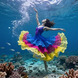 woman dancing underwater wearing a flowing dress made of many layers of blue, magenta, and yellow translucent lace, elegant coral sea bottom, swirling silver fish, refracted light, crystals, cycles render, caustics lighting from above, cinematic