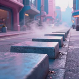 retrofuturistic street scene with a row of large polished concrete platforms leading from near to far, focus on pink and blue colours, steam from ground