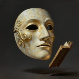 Magic Floating Thespian Mask without a body reading a book, no body, Ivan Aivakovsky, Boris Vallejo, epic fantasy character art, D&D Concept Art, full length, Realistic, Regal, Refined, Detailed Digital Art, Oil Paining, Exquisite detail, post-processing, masterpiece, Cinematic Lighting, Unreal Engine, 8k, HD, Stanley Artgerm Lau, WLOP, Rossdraws, Frank Frazetta, Andrei Riabovitchev, Marc Simonetti, trending on artstation