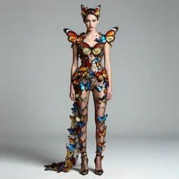 full body portrait of very beautiful 2 0 - year - old model, in an outfit made of butterflies, photo by greg rutkowski, high fashion, androgyn beauty, intricate detail, elegance, sharp shapes, soft lighting, vibrant colors, masterpiece