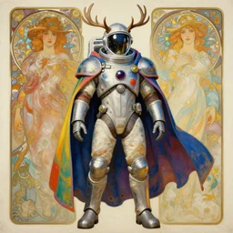knights templar in a space suit with colorful cape and antlers, futurism, character design, painting by gaston bussiere, greg rutkowski, artgerm, alphonse mucha, trending on artstation