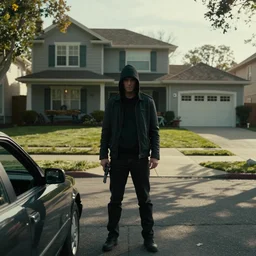 movie scene, assassin waiting outside a house in his car, silenced pistol, beautiful wealthy residential street by emmanuel lubezki