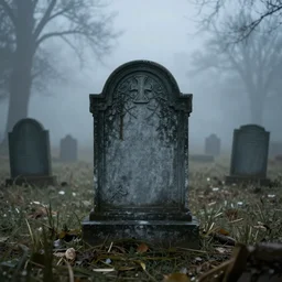 haunted tombstone alone in a foggy graveyard, realistic, cinematic,
