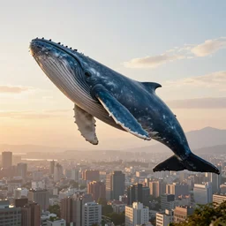 a huge blue whale is flying above a city, epic, surreal, cinematic shot, golden hour, artstation, deviantart, dreamy atmosphere, high definition