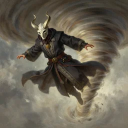 character concept art of wizard wearing horned mask flying inside a tornado, full body shot, fantasy painterly style, intricate details, artwork by ross tran, artgerm, eimbrodered clothing, simple hands and arms
