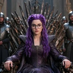 hyperrealistic semi - close up photo made by professional photograph of a beautiful nerdy girl with glasses and purple hair on the throne from game of thrones like a queen in her castle surrounded by many servants, knights and guards, intricate details, photoshop edited, instagram filter, improved lighting, cinematic shot, vfx, movie, netflix, hdr
