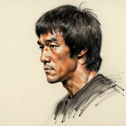 a realistic yet scraggly portrait sketch of the side profile of a stern and sophisticated bruce lee, trending on artstation, intricate details, in the style of frank auerbach, in the style of sergio aragones, in the style of martin ansin, in the style of david aja, in the style of mattias adolfsson