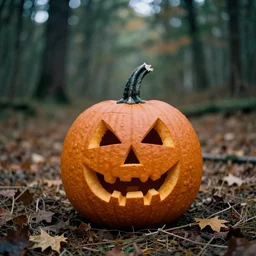 a carved pumpkin sitting in the middle of a forest, a stock photo by john carpenter, shutterstock contest winner, dau - al - set, creepypasta, photo taken with ektachrome, creative commons attribution