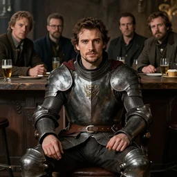 henry cavill as a fantasy knight sitting in a tavern, portrait by gaston bussiere, j. c. leyendecker, craig mullins, donato giancola, greg rutkowski, symmetry!!, realistic face, highly detailed, sharp focus