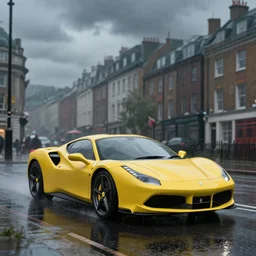 a wholesome animation key shot of one focused yellow ferrari, dynamic, on a wet london street, raining, clouwdy atmosphere, wide shot, studio ghibli, pixar and disney animation, sharp, very detailed, high resolution, rendered in unreal engine 5, anime key art by greg rutkowski, overcast lighting, dark
