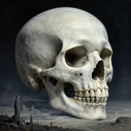 a surreal and awe - inspiring science fiction landscape, skull - shaped moon, intricate, elegant, highly detailed matte painting by beksinski and simon stalenhag