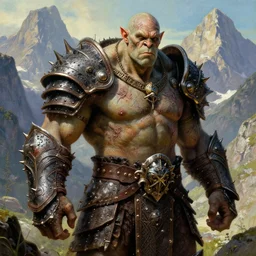 a powerful large orc with pale skin covered in scars stands near the mountains, wearing spiky complex detailed armor without a helmet. extremely high detail, realistic, fantasy art, scars, solo, masterpiece, saturated colors, art by zdzisław beksinski, arthur rackham