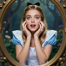 beautiful portrait of a young woman with a gorgeous face and perfect body who is a perfect blend of kate upton and dove cameron dressed like disneys alice in wonderland and rolling hard on ecstasy and peaking on pure molly, pupils dilated, euphoric and bewildered, through the looking glass, photography, high definition, 8 k resolution, retouched, glamour by bayard wu
