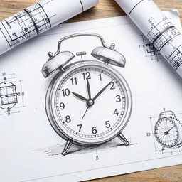 an engineering sketch diagram of an alarm clock, blueprints, diagram, user manual, sketch, engineering design