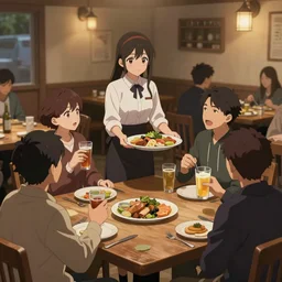 A waitress serves food and drink to a group of tavern patrons. Fantasy anime, digital art by WLOP.