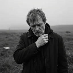 award winning photo of some despair as lars von trier would depict it, he is 2 7, listens to deafheaven, he borrows your dream, photo, black and white, the background is a distant memory, insanely detailed, foggy like in norwegian black metal aesthetic