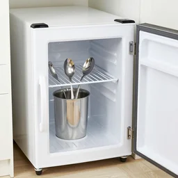mini fridge with spoons inside