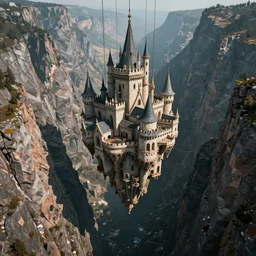 immense floating one castle, in the middle of high mountains, hanging by chains, inside a gorge, below only darkness, contrast, void, 8 k resolution, ue 5, hyper - detailed, aerial view, 2 4 mm lens, by simon bisley, beeple, justin gerard