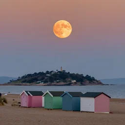 there was a lovely orange super moon over the beach huts and the isle of wight, photo take by a professional landscape photographer