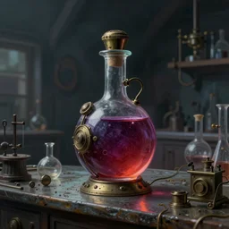 a painting of a steampunk wine colored potion bottle on a counter in a dark dusty vintage science lab, by h. r. giger, hyperrealistic fantasy art, concept matte, ethereal, dreamy, digital art, trending on artstation, volumetric cinematic lighting