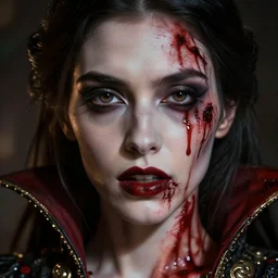 beautiful very extreme closeup portrait, one face, bloody face, vampire girl, much blood, medieval dress. witch, makeup. unreal engine, greg rutkowski, loish, rhads, beeple, tom bagshaw, alphonse mucha, global illumination, detailed and intricate environment