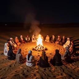 stunning night photograph of doofers in the desert around a fire circle, accurate bodies, diverse costumes, 8 k, ultra clear detailed