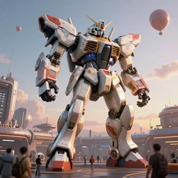 a beautiful hyperrealistic ultradetailed 3 d render of a gigantic mecha guarding a sci - fi spaceport, by stefan morrell : 3, mech, unreal engine, octane render, gigantic, unreal engine, octane render, 3 d, brilliantly coloured, intricate, ultra wide angle, trending on artstation, dusk, volumetric lighting, hdr, polished, micro details, ray tracing, 8 k : 2, people, sphere, balloon, blurry, blur, depth of field, dof, bokeh, obscured, macro : - 1