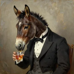 “old-timey oil painting of a mule wearing a tuxedo, sipping on a cocktail in a rocks glass, regal by George Stubbs, by rene magritte”