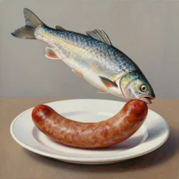 realistic painting of a fish transforming into a sausage, presentation on a plate, mid - transform