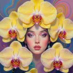 hyper detailed masterpiece, orchid pattern, jean giraud, vibrant, digital art painting, matte painting, beautiful, yellow headpiece, psychedelic, artgerm, donato giancola, tom bagshaw