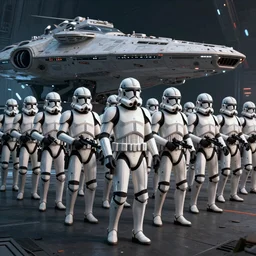 “ republic clone troopers marching in line, in perfect synchrony, towards a starcruiser, clone wars, star wars, 8 k, unreal 5, arnold render, cinema 4 d, cgi art, volumetric lighting ”
