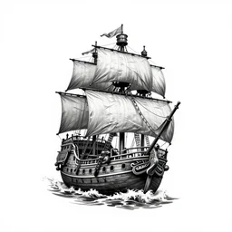 White background tattoo design of a magical pirate ship, realism tattoo design, highly detailed tattoo, shaded tattoo, hyper realistic tattoo