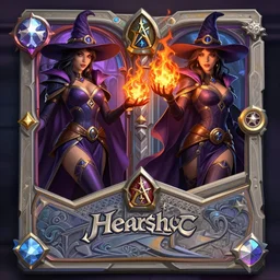 Symmetrical Hearthstone official professional art, with realistic beautiful body & face & eyes. Completly coherent and well drawned physical every single body parts, ArtStation. Insanely well constitued human body. Every following words is insanely important: A sorceress with a witch hat casting a fire ball.