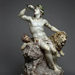 this statue of bacchus depicts the roman god of wine precariously perched on a rock in a state of drunkenness. he wears a wreath of ivy and holds a goblet in one hand, brought up toward his lips for a drink. in the other hand, he holds a lion skin, which is a symbol for death derived from the myth of hercules. from behind his left leg peeks a satyr, significant to the cult of bacchus often representing a drunken, lusty, woodland deity