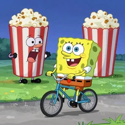 cartoon Sponge riding a uniccyle at 3 in the morning while a cartoon kernel of popcorn yells for him to get off his lawn pixar style
