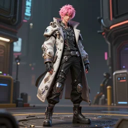 full body character, pink hair male, cyberpunk intricate streetwear, dystopian, trending on artstation, beautiful, intricate complexity, digital painting, anime, disney, pixar, 8 k, hd, dof, kodak film, volumetric lighting, subsurface scattering, photorealistic, octane render, extreme details