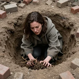 an anxious woman in a cloak crawling out of a hole, roots grabbing at her, surrounded by bricks, by mike davis