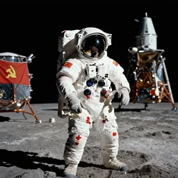 colour photograph of the moon landing, astronauts with urss flag, spaceship, high resolution, very detailed