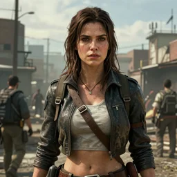 fallout 5, charismatic beautiful rugged brunette female protagonist, portrait, outdoors low density urban environment, atmospheric lighting, painted, intricate, volumetric lighting, beautiful, daytime, sunny weather, slight overcast, sharp focus, deep colours, ultra detailed, by leesha hannigan, ross tran, thierry doizon, kai carpenter, ignacio fernandez rios