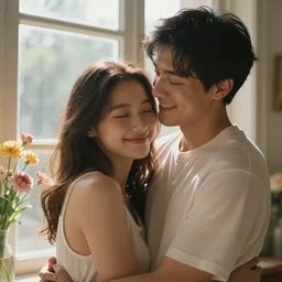 charming hyper realistic cinematic photo portrait scene, of very sweet lovers hugging by the lighted window. flowers. clear face. subsurface scattering shiny skin. beautiful lighting, 4 k post - processing, trending in art station, cg society, highly detailed, 5 k extremely detailed, 3 d. cinematic scene. sharp image.