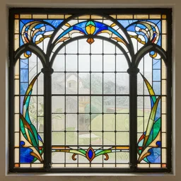 photo of a beautiful window, flat texture, intricate details, art nouveau, iron frame, stain glass.